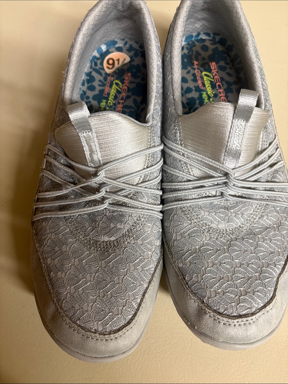 Skechers Women's Silver Lace-Detail Slip-On Sneakers